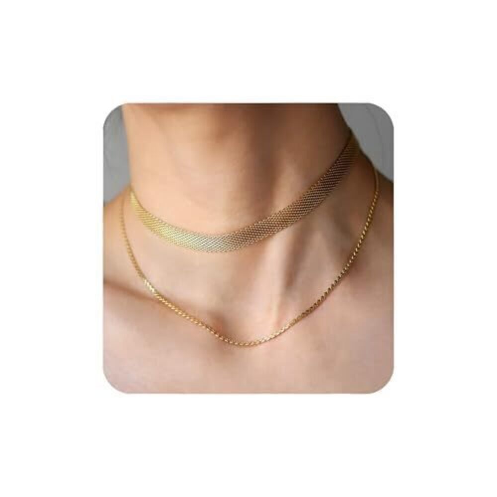 6093 Herringbone Necklace , 18K Gold Plated Adjustable Layered Choker